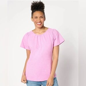 Denim & Co Womens Texture Knit Top Pink Short Sleeve  Pull Over Top 2X